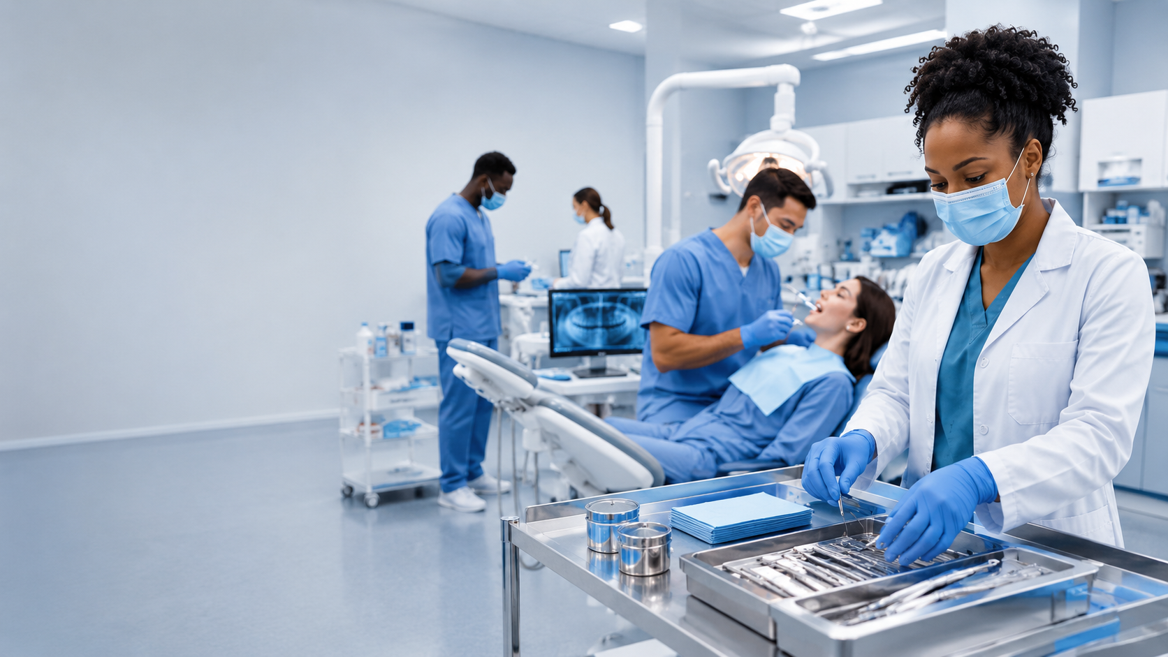 Dental professionals in a bright clinical setting
